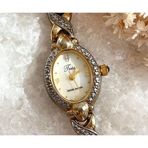 Tres XOXO Genuine Diamond Dual Toned Ladies Vintage Wristwatch - 18mm - WORKS!